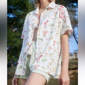 Romwe | Multi color mushroom print button down short sleeve throw on shi…
